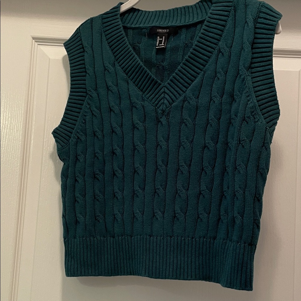 Forever 21 Teal Cable-Knit V-Neck Sweater Vest